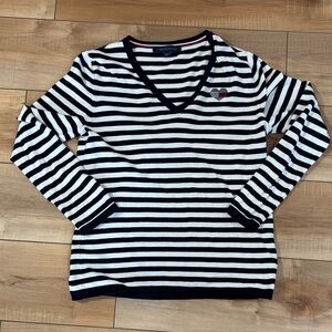 Tommy Hilfiger Black and White Striped V-Neck Sweater
